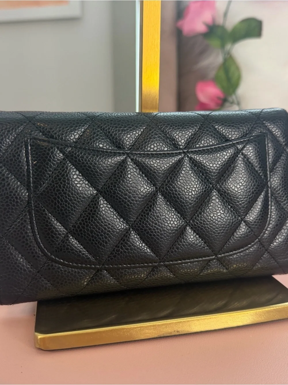 CHANEL Black Caviar Leather Classic Flap Wallet Medium Trifold Gold CC Vintage